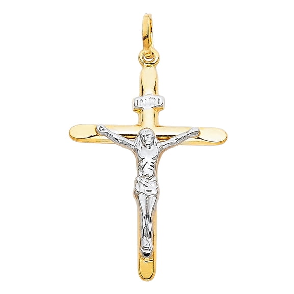14K Two Tone Gold Crucifix Cross Religious Pendant for Necklace Chain | Jewelry Gift for Men Women | 38 x 28 MM | 1.6 grams