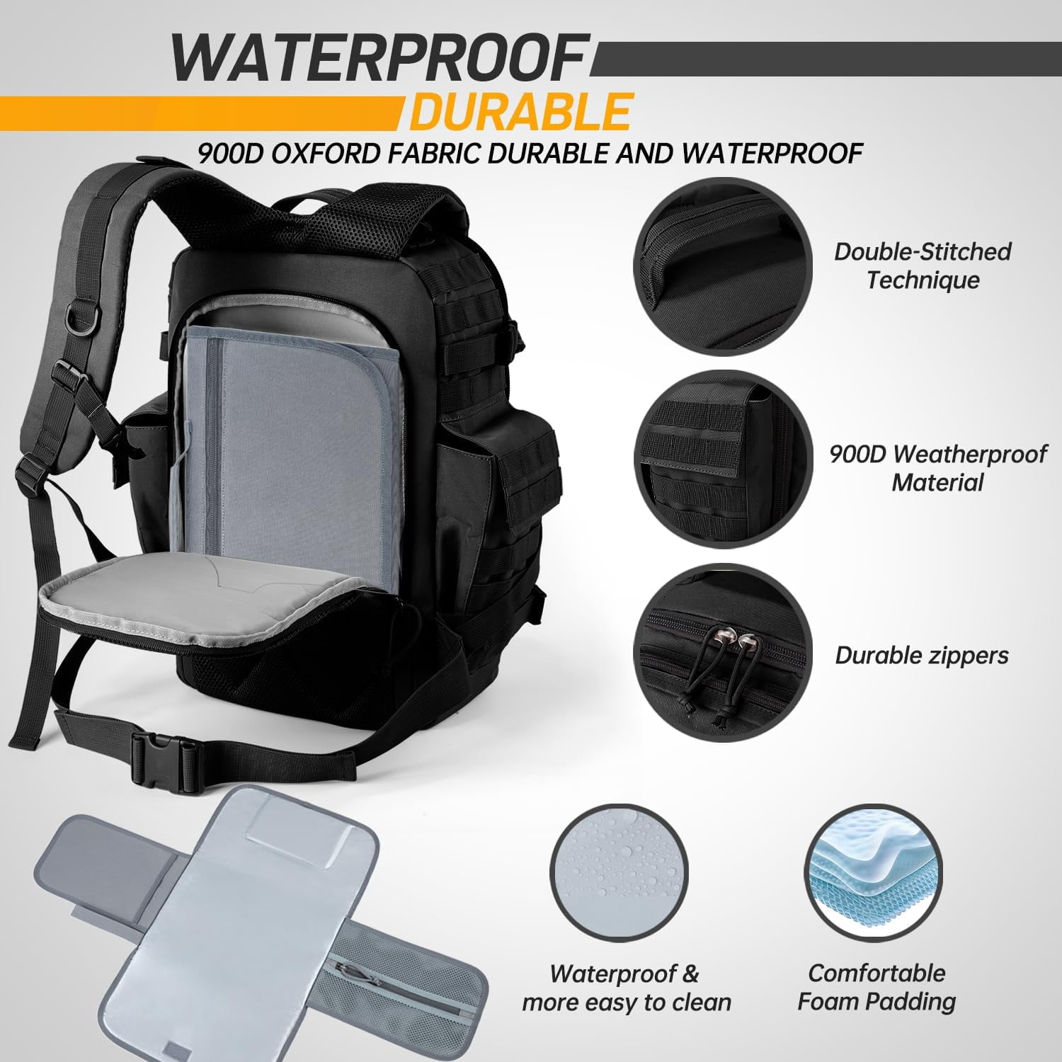 SHARKMOUTH Military Diaper Bag for Men: 40L Capacity with Changing Mat for Tactical Dads - 900D Military-Grade Polyester with MOLLE System for Work Commute/Hiking Camping Outdoor Activities (Black)