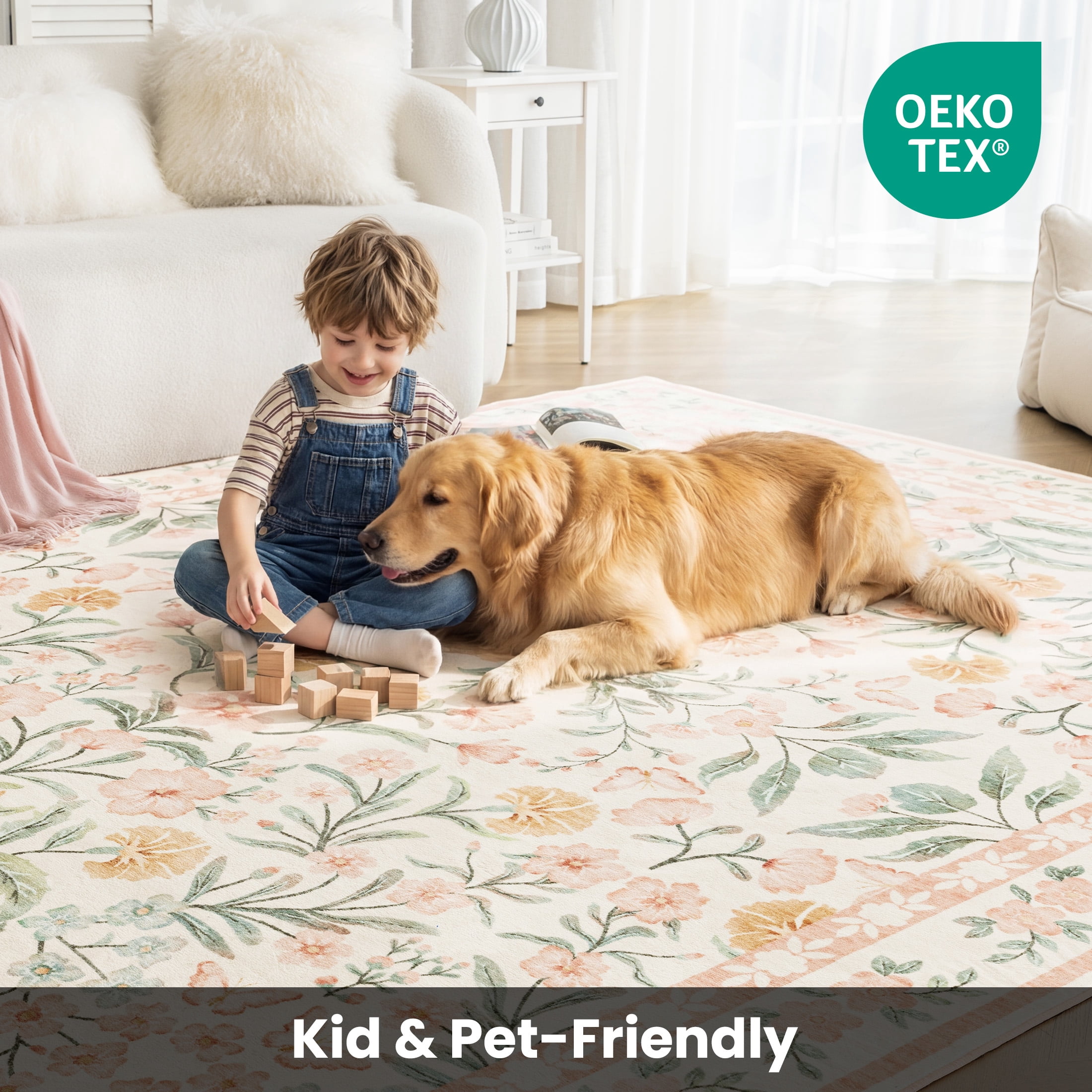 Sleep Zone 4x6 Washable Non Slip Area Rug Elegant Floral, Wave edge Scalloped Water Resistant Rug for Bedroom Living room