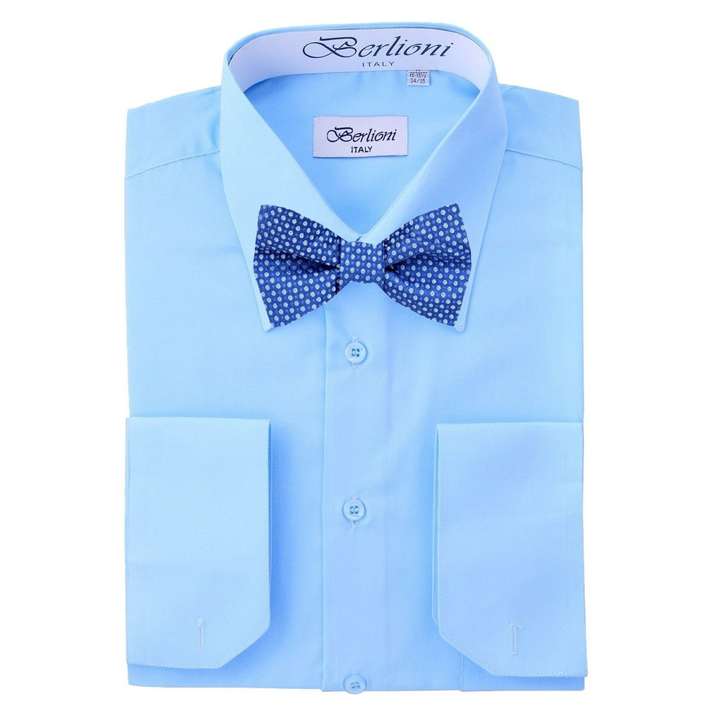 Berlioni - Men's Blue Solid Dress Shirt and Self Tie Bow Tie - Walmart