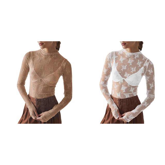 (Lot de 2) Rinsvye Chemise à Manches Longues en Maille Superposée pour Femmes Col Roulé T-Shirts pour Femmes Broderie Florale Coton Transparent