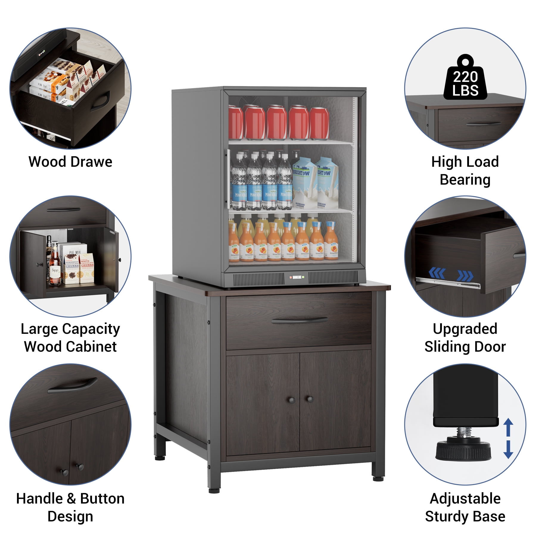 INFANZIA Mini Fridge Stand with Storage, Heavy Duty Mini Fridge Cabinet with Drawer, Solid Wood Beverage Refrigerator Stand Table for Dorm, Office, Bedroom, Load 220LBS, Black