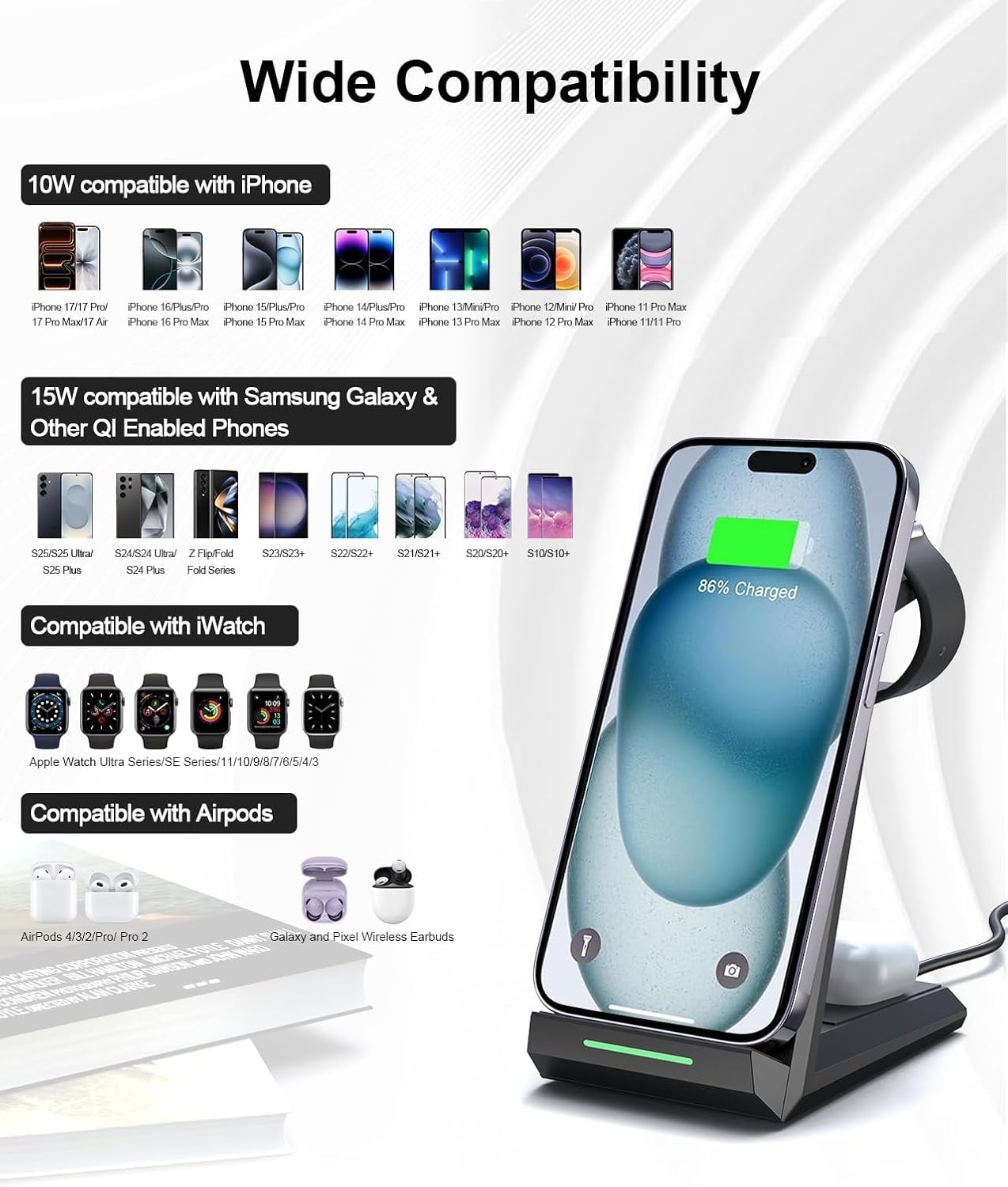 Wireless Charging Station for iPhone - MJMJ 3 in 1 Charger Stand for iPhone 17 16 15 14 13 12 11 Pro Max XR 8 Plus, for Apple Watch 8/7/SE/6/5/4/3/2, AirPods Pro/3/2(with 5ft Cable and 20W Adapter)