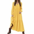 thumbnail image 2 of vigerkar Women's Linen Maxi Dress Long Sleeve with Pockets Casual V-Neck Tiered Ruffle Dress Boho Beach Pleated Long Dress Yellow, XXXL, 2 of 9