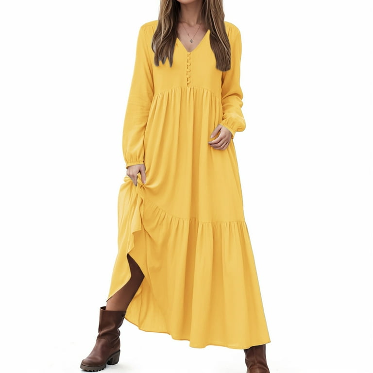 vigerkar Women's Linen Maxi Dress Long Sleeve Casual V-Neck Tiered Ruffle Dress Boho Beach Pleated Long Dress Yellow, S - Walmart.com vigerkar Women's Linen Maxi Dress Long Sleeve Casual V-Neck Tiered Ruffle Dress Boho Beach Pleated Long Dress Yellow, S - Walmart.com