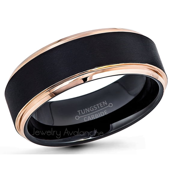 Matte Black Tungsten Wedding Band Black & Rose Gold Stepped Edge Tungsten Carbide Mens Anniversary Ring #779WFSs10