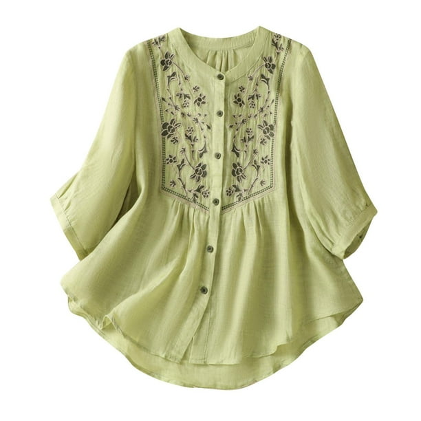 Vestidos Casuales Para Mujer, Blusas De Mujer De Moda Blusa de lino sintético con botones bordados y mangas 3/4 con cuello alto para mujer