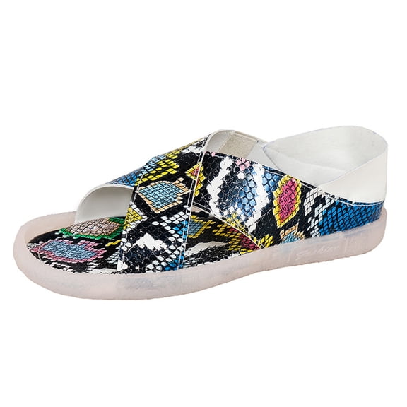 OAVQHLG3B Women's Ladies Shoes Snake Pattern Flat Heel Sandals Cross Casual Beach Sandals