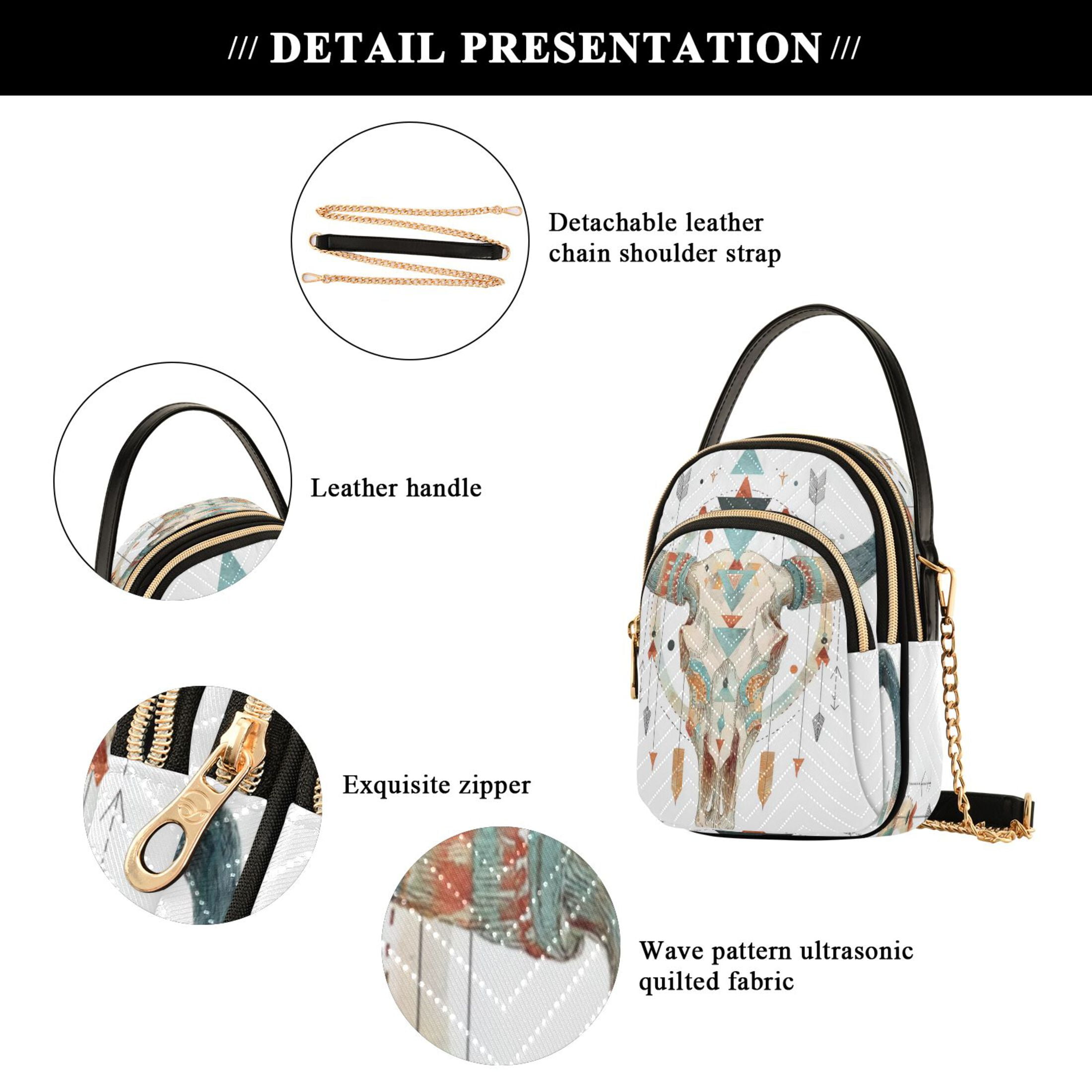 IAUYY Small Crossbody Bags for Women 15*21*8cm Leather Purses for Women Removable Strap with 3 Zipper Pocket Applicable to Birthday Gifts for Women,Bull Skull