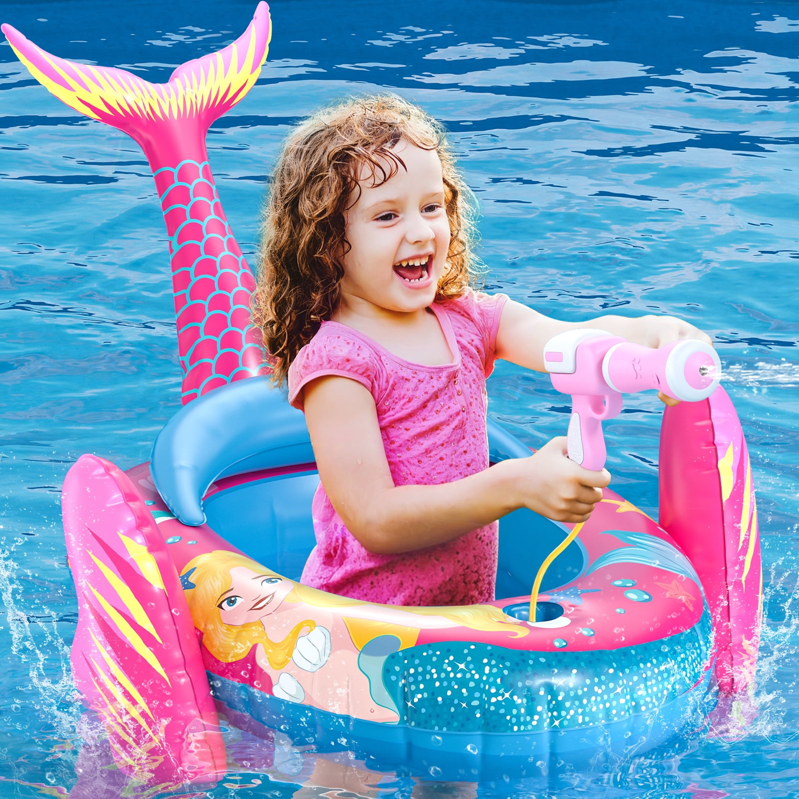 Kids Pool Floats with Water Gun, Mermaid Toddler Inflatable Pool Toys for Kids Age 3-8 Years Old, Summer Outdoor Water, Beach, Swimming Pool Toys Gift