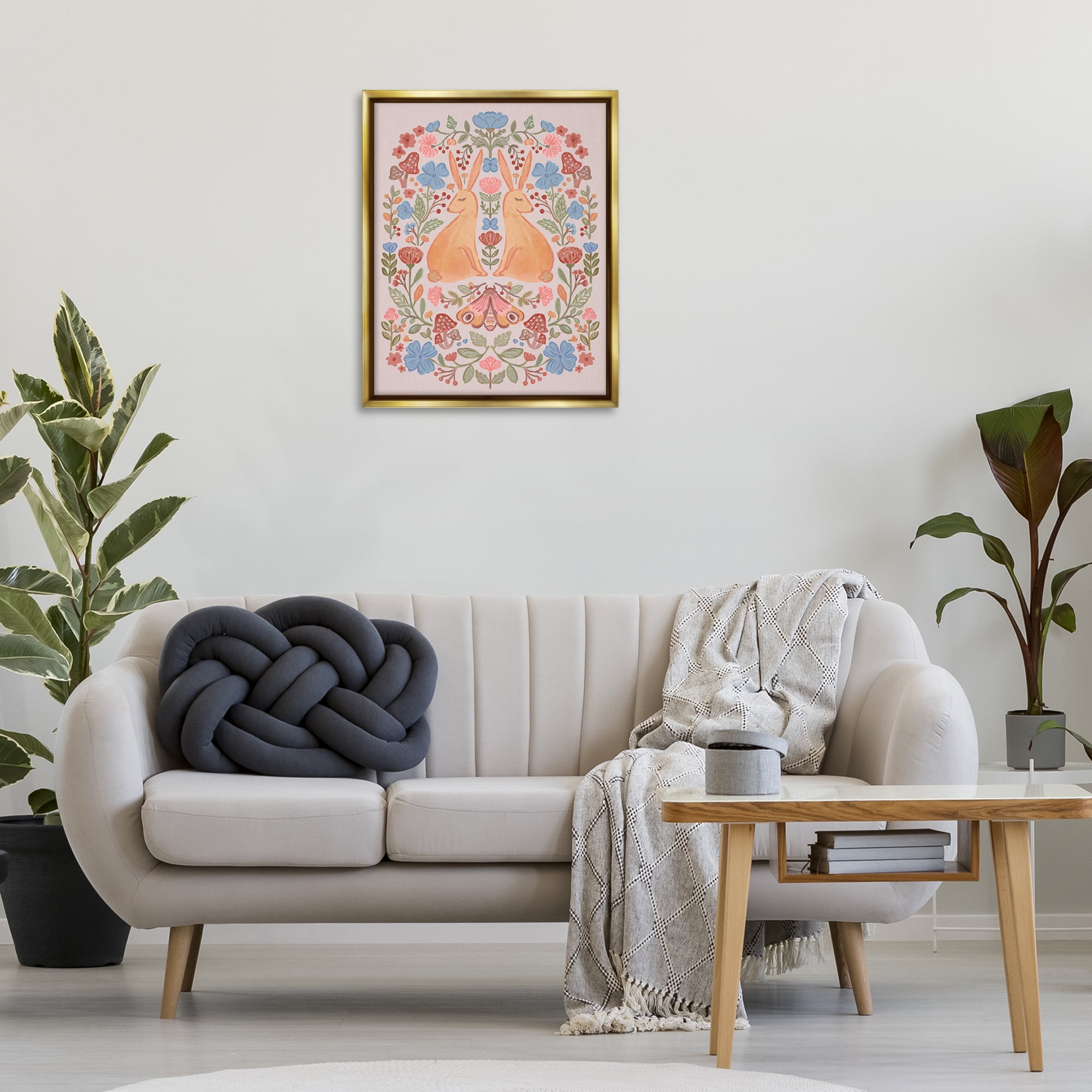 Stupell Industries Autumnal Folk Rabbits Animals Painting Gold Floater Framed Canvas Art Print Wall Art, 25 x 31
