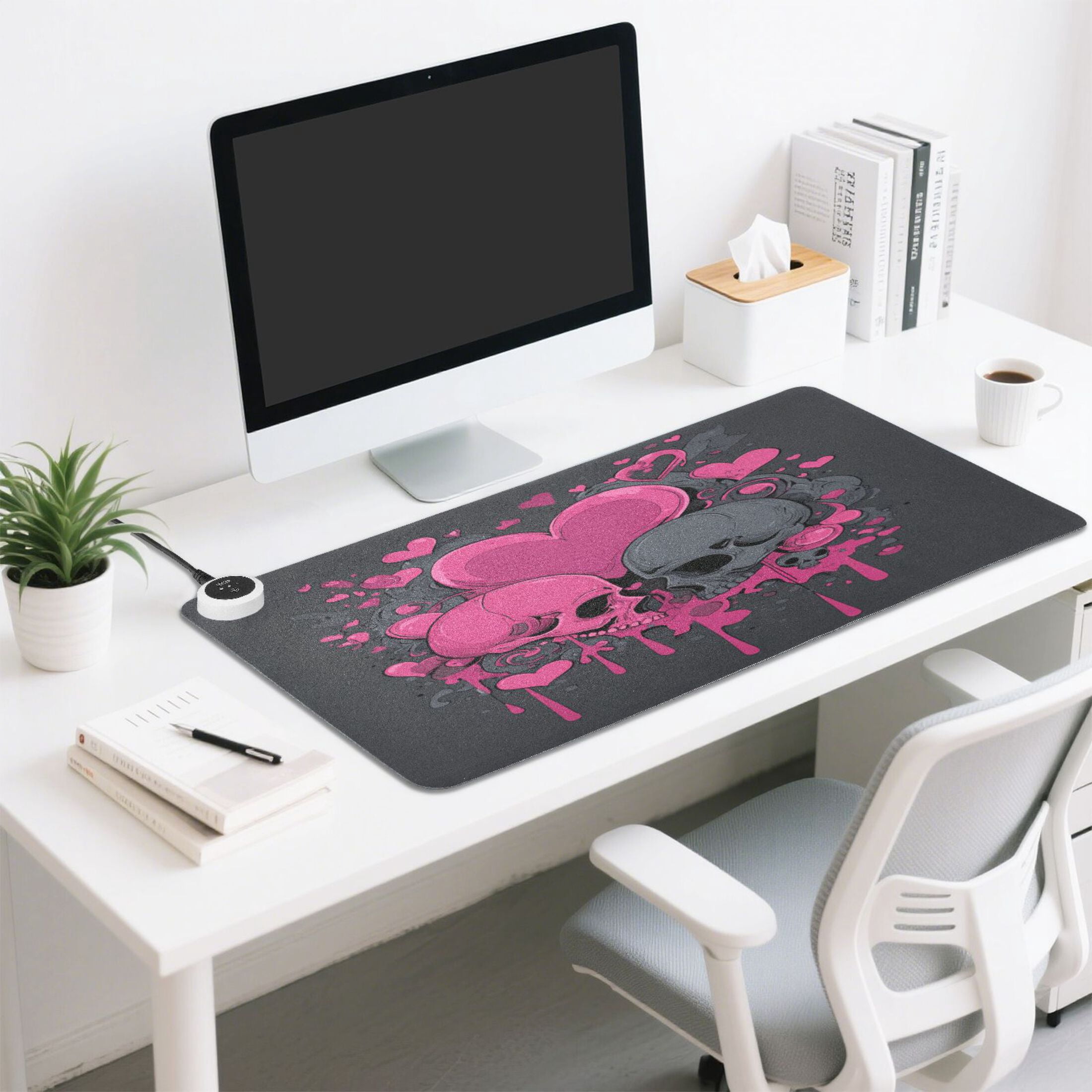 Large Heated Desk Mat Mouse Pad 31.5"x13"PU Leather Graphene Heating Desk Warmer with 3 Temperature Settings 110V US Plug Non-Slip Warm Pad for Home, Office, and Gaming Pink Hearts and Black Skulls