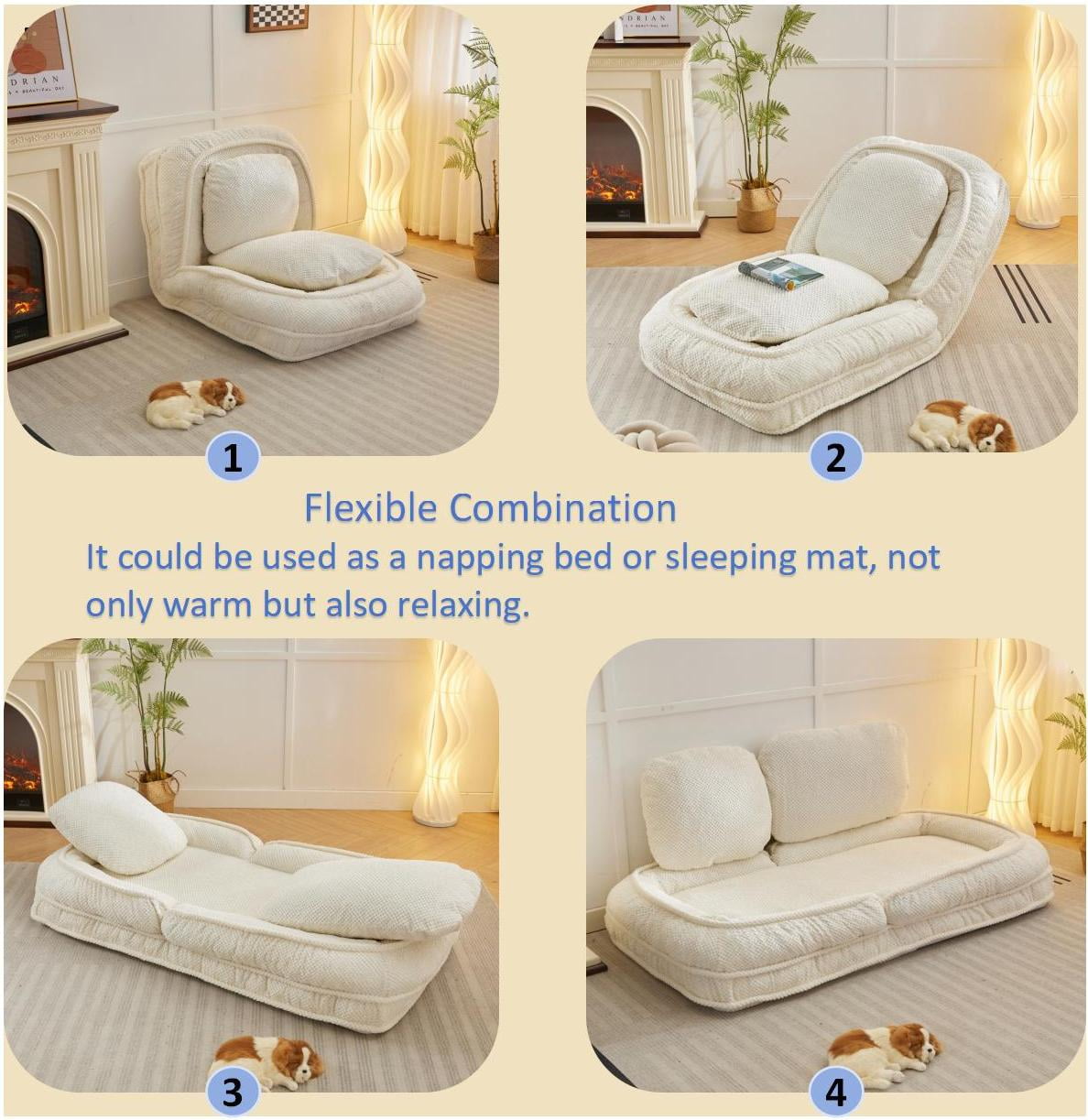 Aukfa Fold Lazy Sofa Bed,Floor Chair Small Couch with 5 Adjustable for Living Room, White