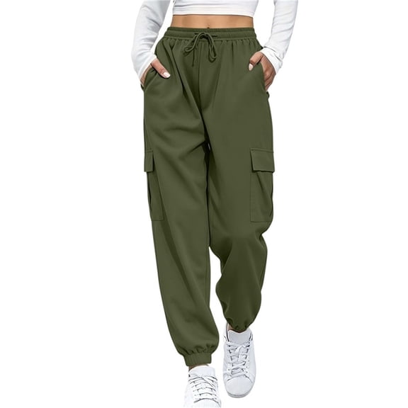 Inleife Women Solid Cuffed Cargo Jogger Pants, Elastic Drawstring High Waist Casual Tapered Track Pants with Side Cargo Pockets, Loose Outdoor Loungewear Athletic Pants for Daily Streetwear