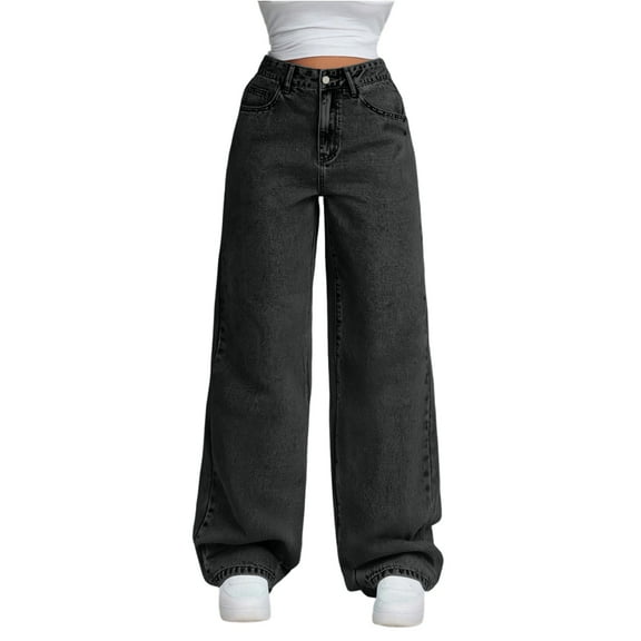 dGslk High Waist Wide Leg Jeans for Women Loose Fit Denim Trousers Casual Straight Leg Pants with Pockets for Everyday Wear Black L