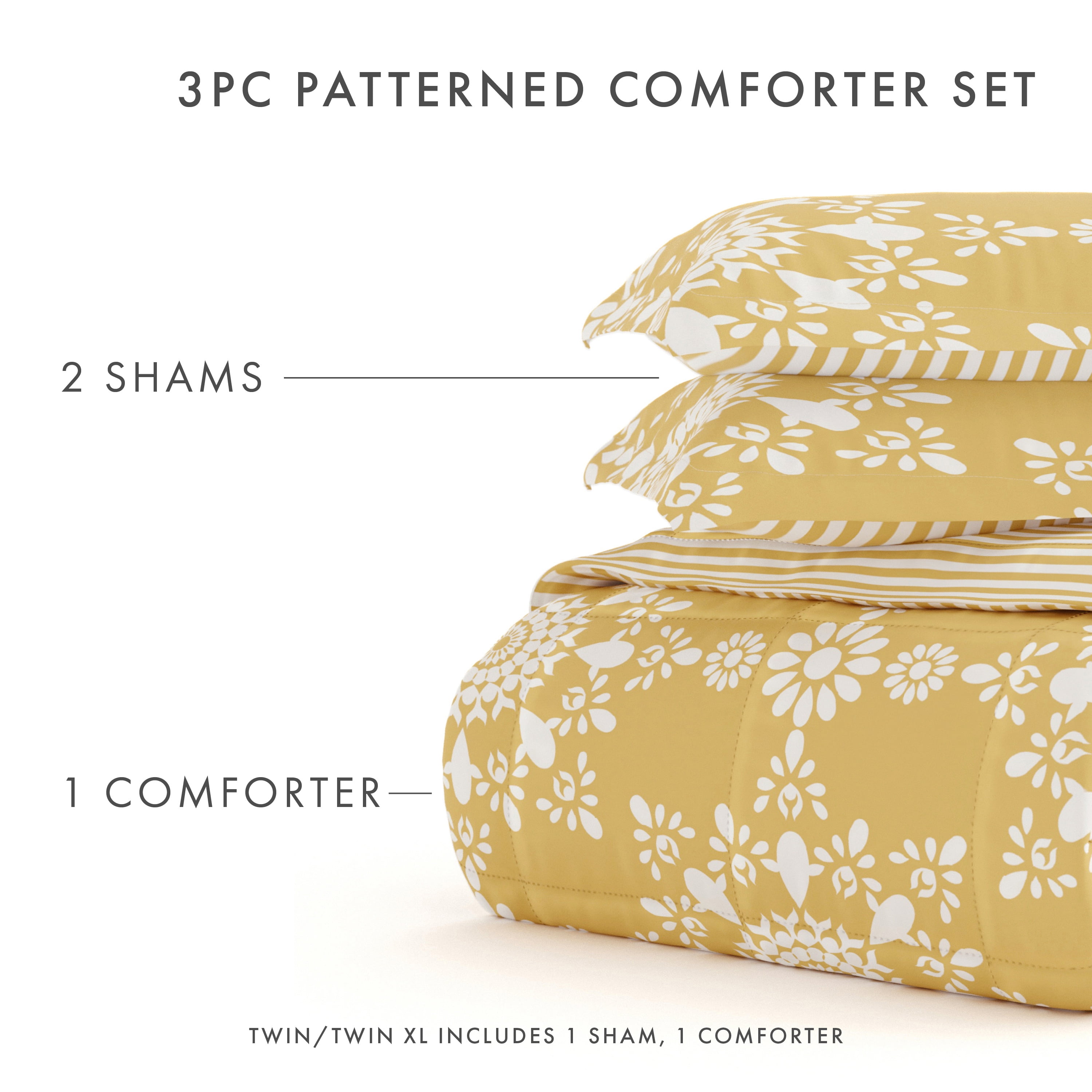 Noble Linens 3-Piece Yellow Daisy Medallion Reversible Print Comforter Set, Full/Queen
