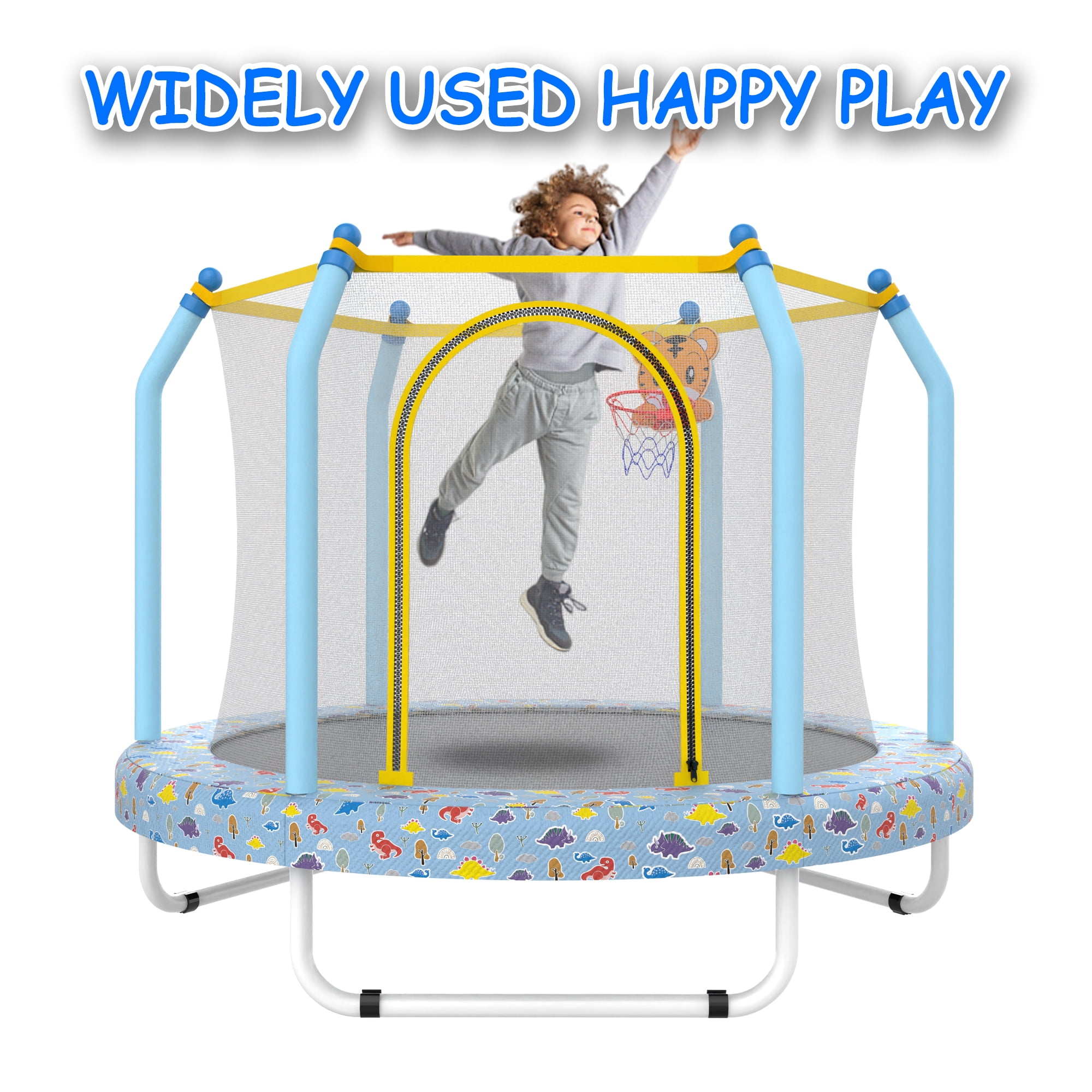 55 Inch Printed Blue Kids Trampoline with Basketball Hoop, Indoor Outdoor Toddler Trampoline