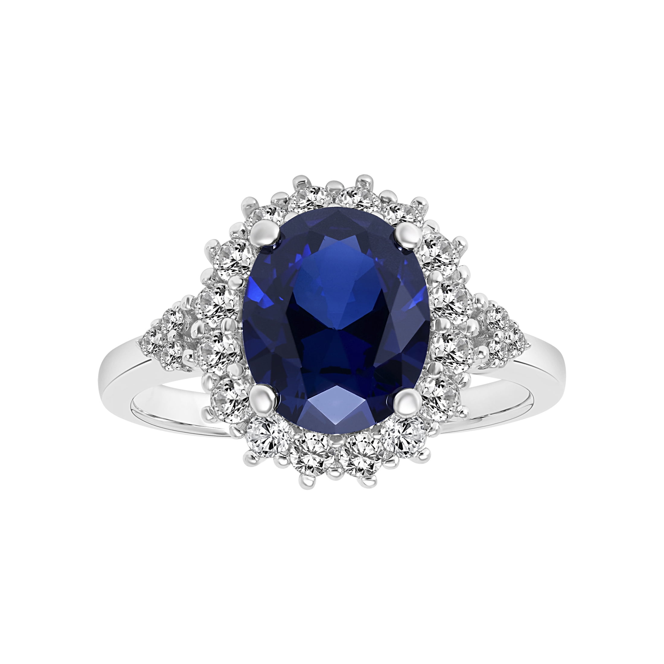 4 1/10 Carat T.G.W Created Blue & White Sapphire and Diamond-Accent Halo Sterling Silver "Indigo Gem" Engagement Ring