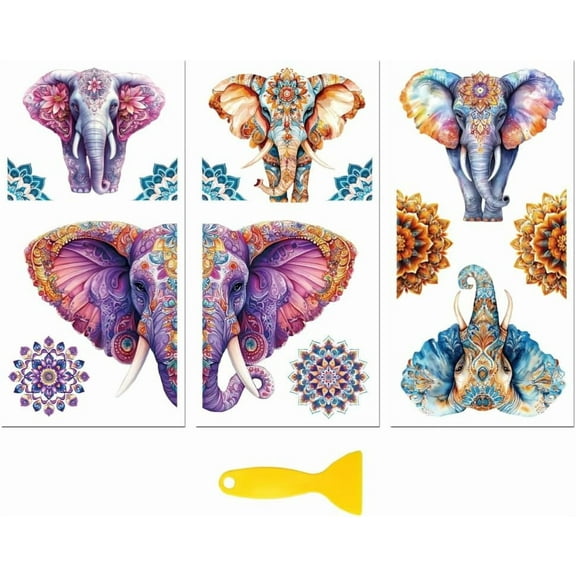 Rub on Transfer Decal Sticker for Furniture Craft Decor 6"x12" India Mandala and Elephants 3Pcs Waterproof UV DTF Transfer for Drawer Dresser Glass Porcelain Wood Plastic Window Colorful