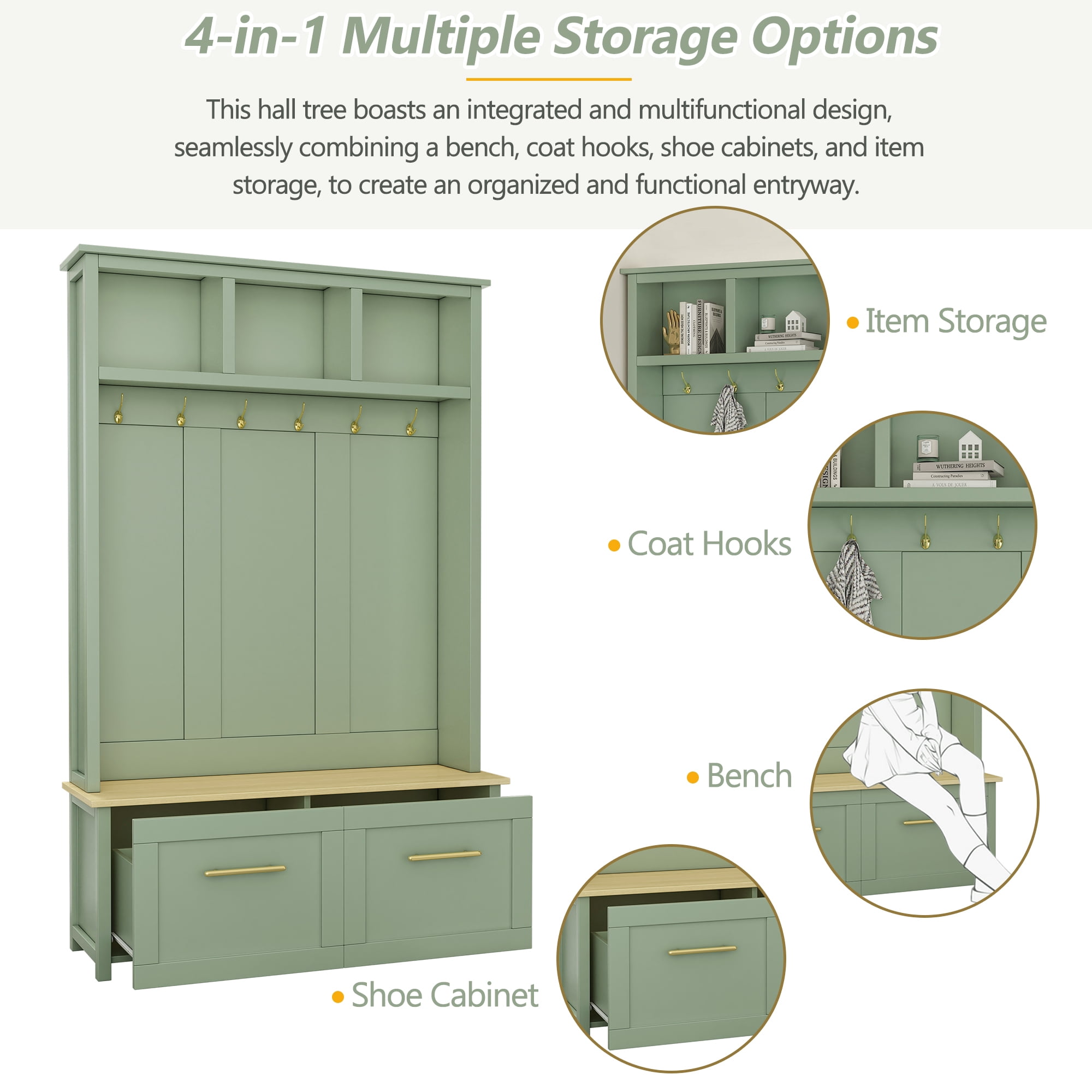 Mintazer 76.6"H Entryway Hall Tree with Bench & 2 Storage Drawers, 4-in-1 Entryway Organizer with Open Hutch Cubbies & 6 Golden Hooks for Mudroom Hallway, Green