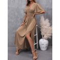 thumbnail image 7 of Mocha Brown V-Neck Butterfly Sleeve High Slit Maxi Dress For Women, 7 of 7