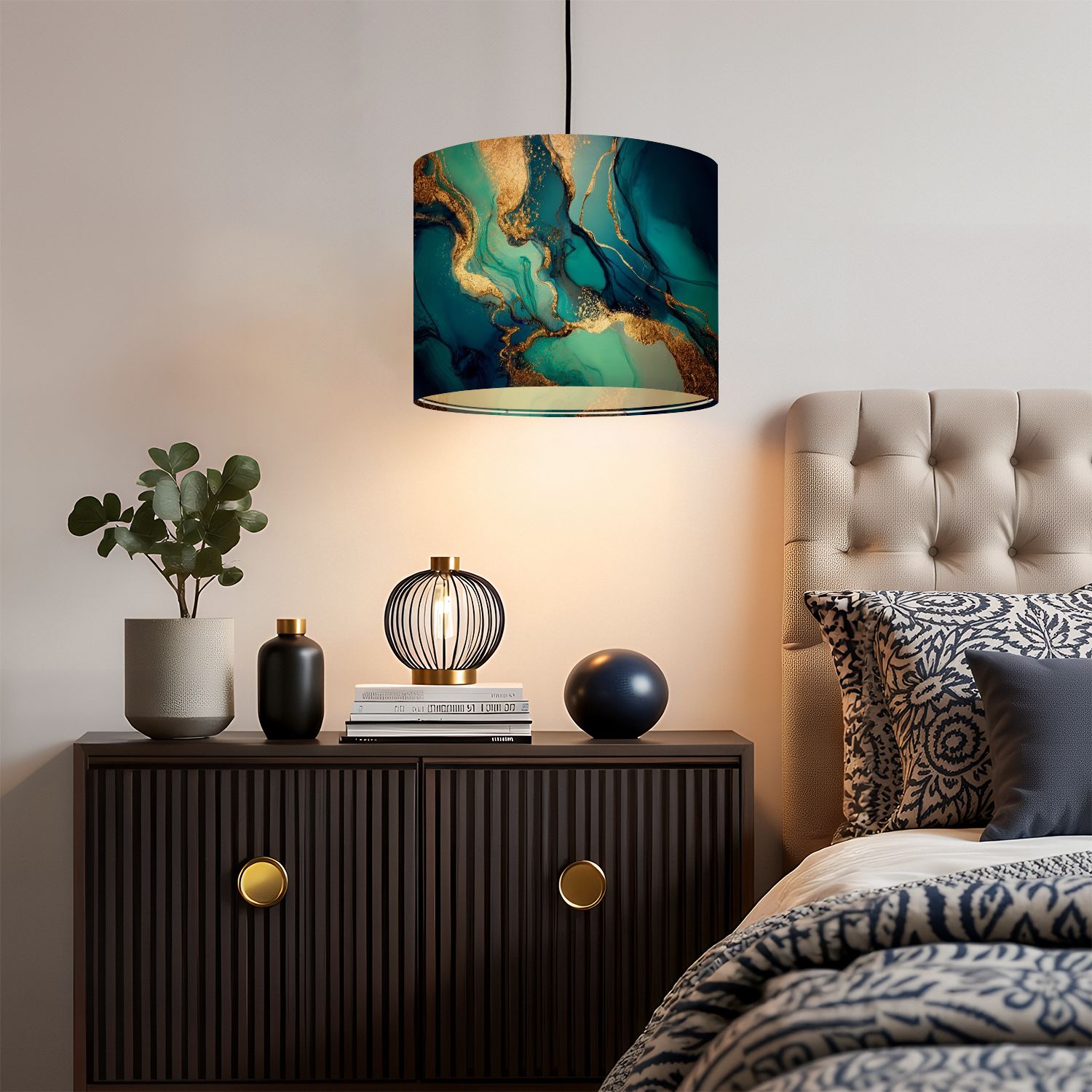 Linen Drum Lampshades Pastel cyan mint liquid marble watercolor gold lines brush stains Teal 13"x13"x10" Light Shade for Table Lamps Floor Lamp Shades Lampshade Replacement Assembly Required