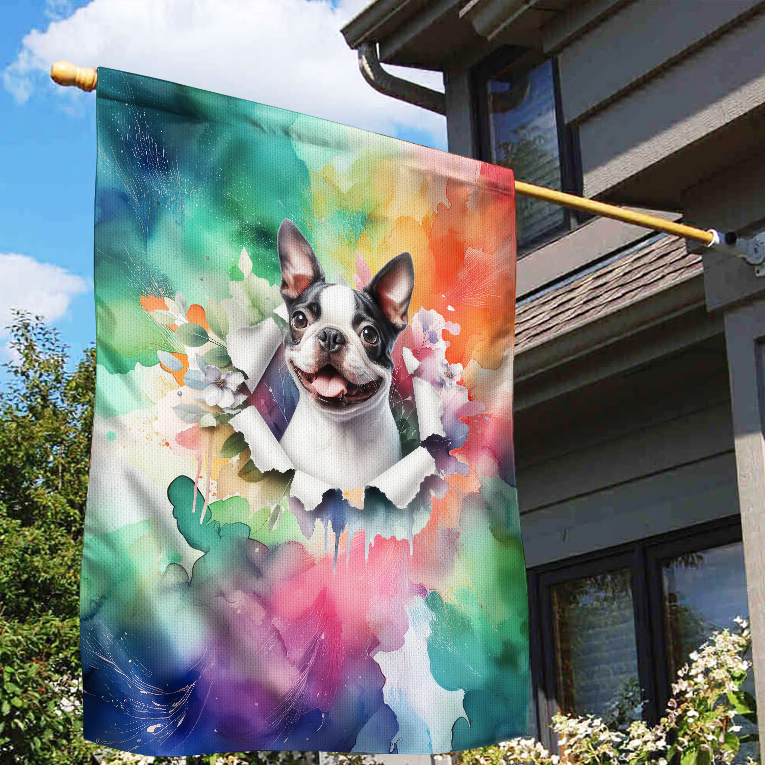 Funny Watercolor Adorable Boston Terrier Peeking Through Torn Paper Effect House Flag 28x40in Double Sided Gentleman Dog Lover Gifts Outdoor Decor - 00026