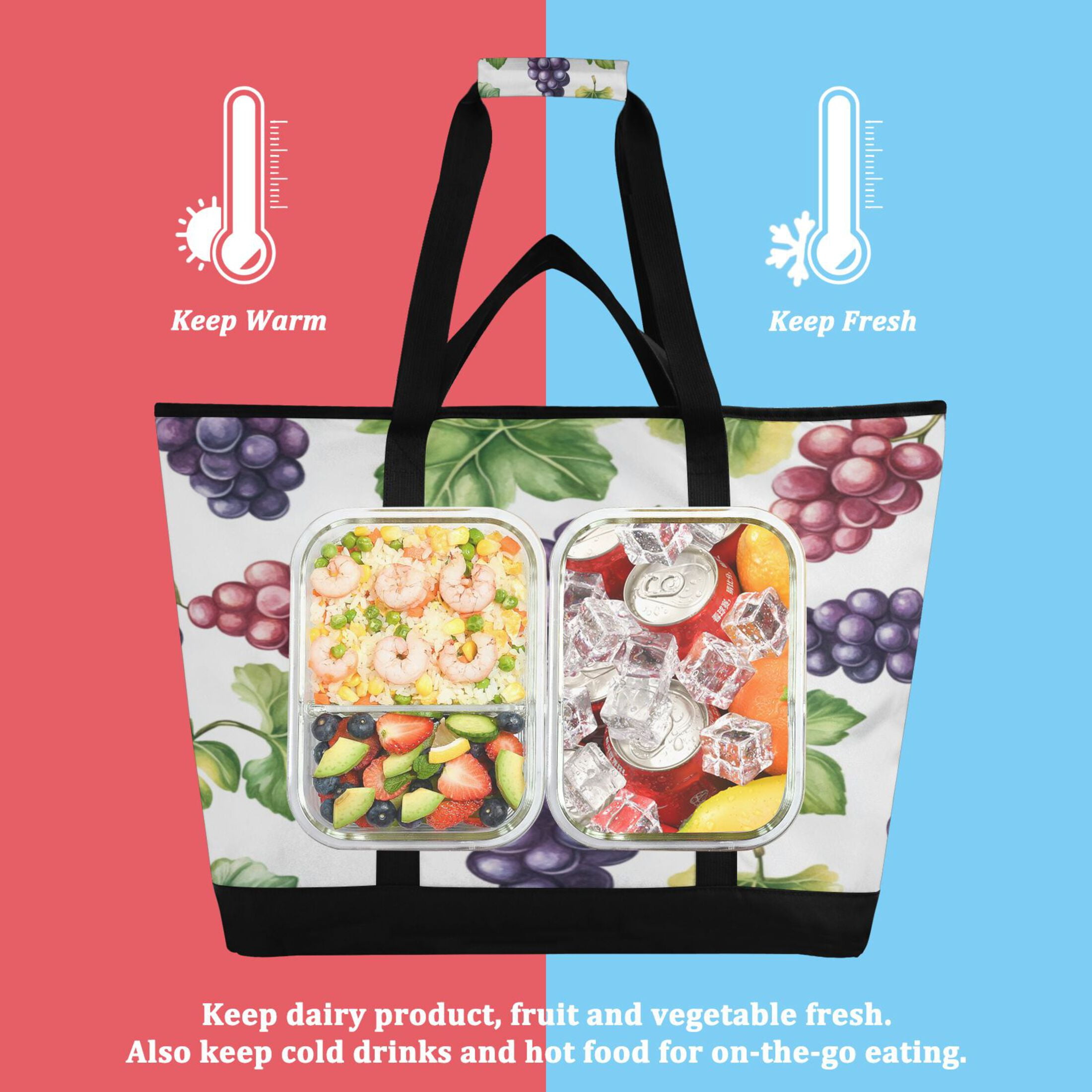 Large Hand-held Ice Pack Picnic Bag Insulation and Refrigeration Suitable for Shopping Picnics and Camping Cartoon Grape