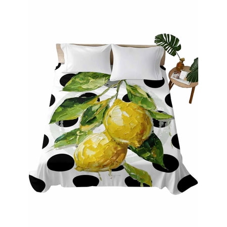 Queen Flat Sheet Summer Lemon Oil Painting Flat Sheets Only Soft Breathable Microfiber Bedding Top Sheets Luxury Hotel Quality White Polka Dots Queen Bed Sheet for All Season Bedroom Dorm Home Decor
