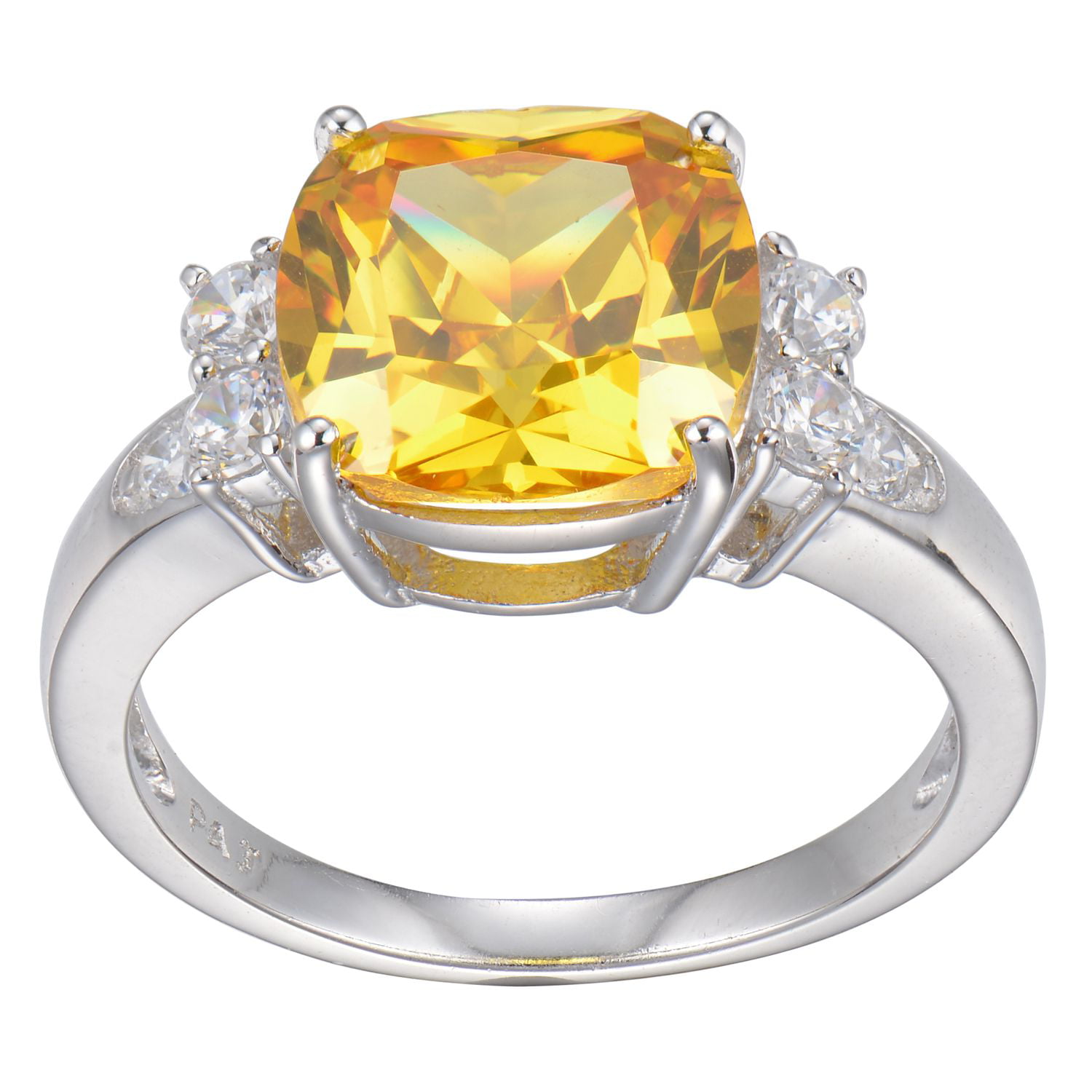 Sterling Silver Platinum Plated Magnificent Three stone Fancy Yellow CZ ...