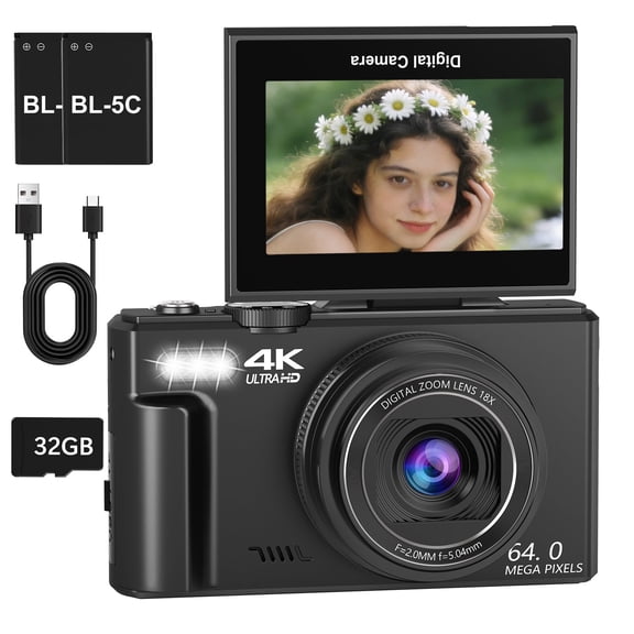 XLURC 4K Digital Camera Wifi 64MP Vlogging Camera for YouTube with 3" 180° Flip Screen, 18X Digital Zoom Photography Camera with 32GB Micro SD Card & 2 Batteries