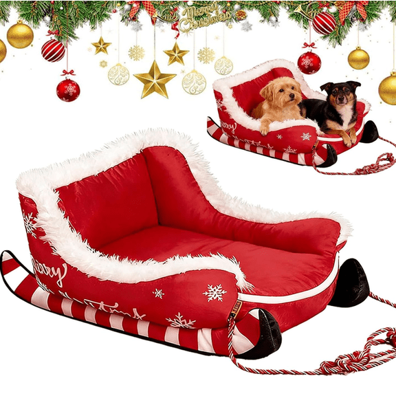 Dog Sleigh Bed - Santa Sleigh Dog Bed, Indoor and Outdoor Christmas Sleigh Dogs Beds with Non Slip Base for Pets to Sleep Peacefully in Winter, Washable and Highly Durable One Size