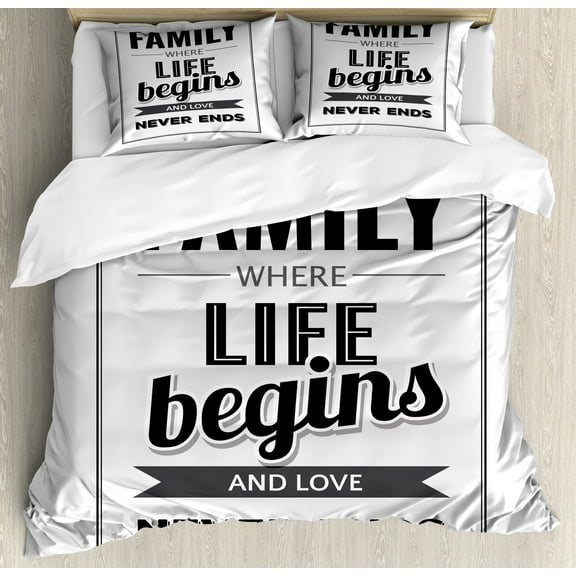 Family Duvet Cover Set, Retro Calligraphy Words Family Love Never Ends Message Framework, Decorative 3 Piece Bedding Set with 2 Pillow Shams, Queen Size, Black Grey Grey, by Ambesonne