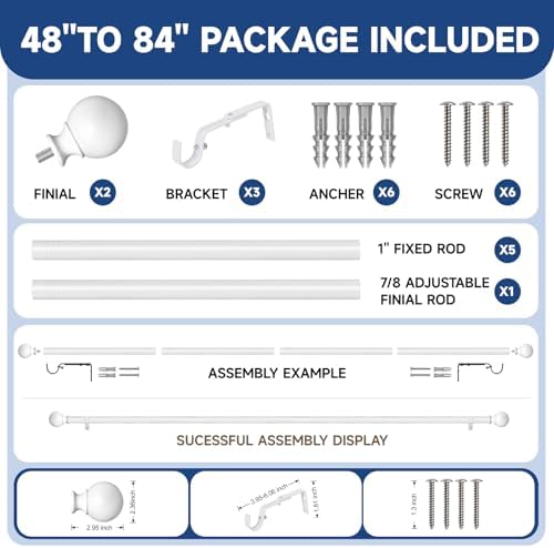 White Curtain Rods for Windows 48 to 84 Inch(4-7.33ft) - 1'' Diameter Heavy Duty Curtain Rods with Imitation Wood Grain Pattern Finials,Adjustable Decorative Curtain Rods Sets,28-88''