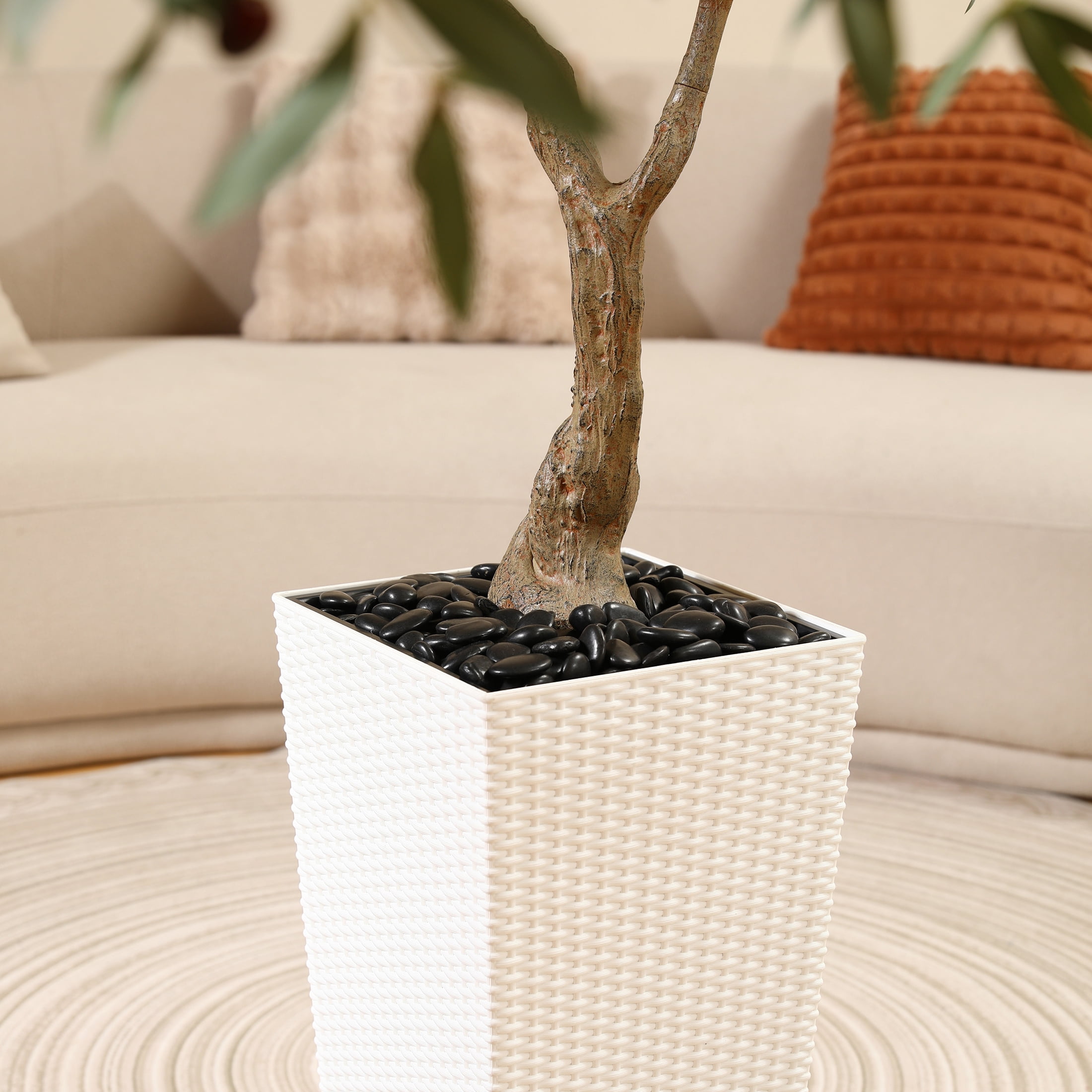 7ft UV Resistant Fake Olive Tree with White Tall Planter, Pre Potted Artificial Olive Tree for Indoor Outdoor Home Decor, Big Faux Plants Fake Plants for Office House Decor