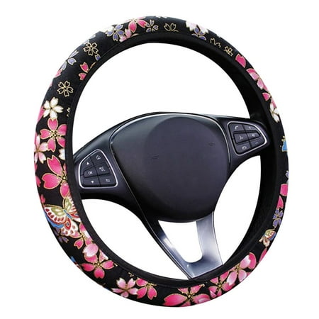 SHIYAO Universal Car Steering Wheel Cover Sakura Plum Printed Kintted Auto Steering Wheel Protector Women Lady Car Interior Accessories