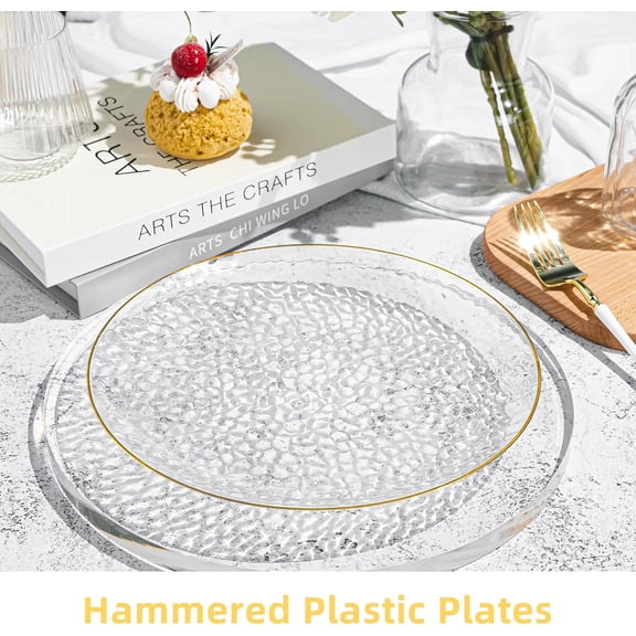 100PCS Clear and Gold Plastic Plates, 10 Inch Disposable Dinner Plates with Gold Rim, Heavy Duty Stone Texture Plastic Plates for Party and Weddings