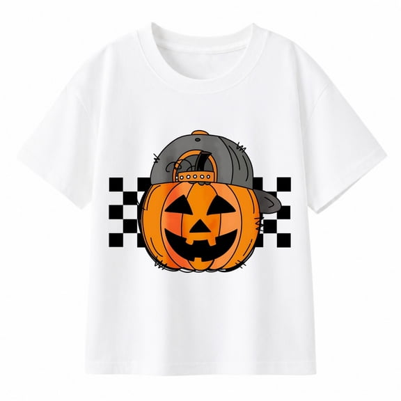 Girls' Halloween Black Cat Pumpkin Graphic T-Shirt, Cute Jack O Lantern 100% Cotton Short Sleeve Shirt