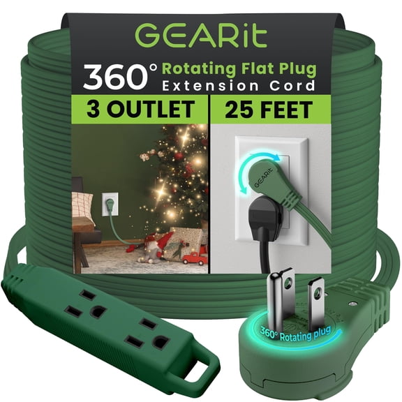 GEARit 360 Rotating Flat Plug Extension Cord with 3 Outlets (25ft, Green) 16AWG/13A 3 Prong Wire, Outlet Saver for Home Office Dorm Room Essentials, ETL Certified