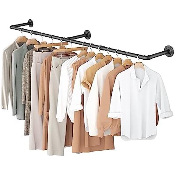 Clothes Rack, 65.7" Industrial Pipe Clothing Rack for Hanging Clothes, Wall Mounted Heavy Duty Space Saving Garment Rack for Closet Storage, Black, 3 Base