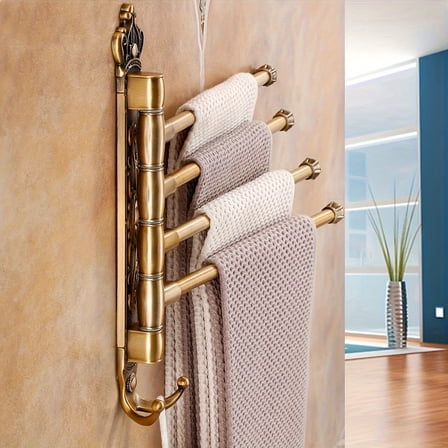 Sunnyway 4-Tier Foldable Rotating Towel Rack, No-Drill Vintage European Style Bathroom Organizer for Towels & Quilts, Space-Saving Metal Frame