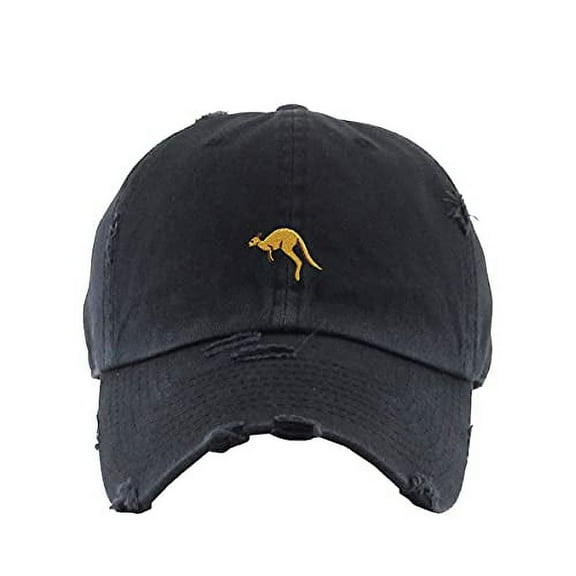 Kangaroo Vintage Baseball Cap Embroidered Cotton Adjustable Distressed Dad Hat Brush Black