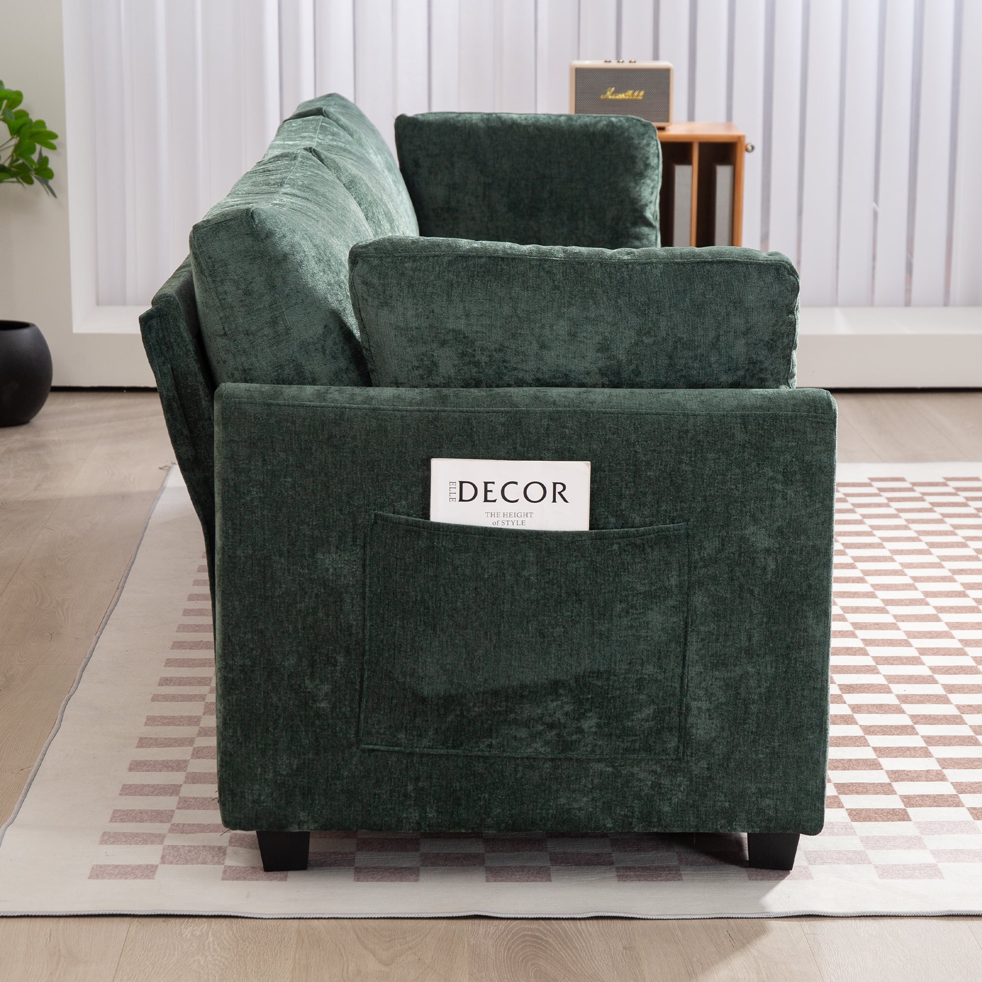 111.42*32.28 inches Comfortable three-seater chenille fabric sofa, soft to sit on, with super soft cushions and side pockets, suitable for living room, apartment. Three-seater deep sofa,Dark Green