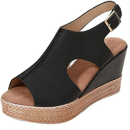 

Rewenti Women Platform Thick Bottom Fish Mouth Strap Sandals Slope Heel Casual Shoes Black 9.5-10(42)