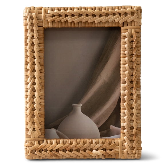 India Handicrafts Decorative Home Décor Holds 5 x 7 Inch Photo Handwoven Tabletop Picture Frame, Woven Chevron Design, Rattan