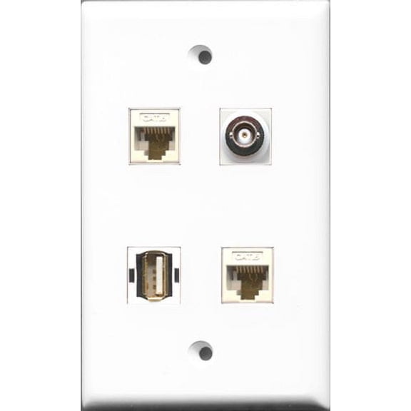 RiteAV 1 Port USB A-A and 1 Port BNC 2 Port Cat6 Ethernet White Wall Plate