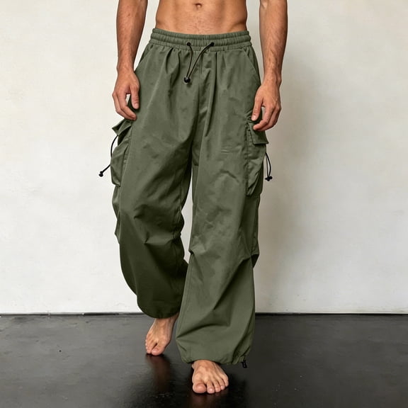 Tsivenald Mens Parachute Cargo Pants Adjustable Drawstring Hem Elastic High Waist Oversized Baggy Multi Side Pocket Streetwear Wide Leg Pants