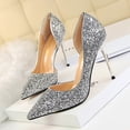 thumbnail image 3 of Zapatos de mujer estilo discoteca sexy delgados para mujer con tacones altos finos boca baja puntiagudos laterales huecos lentejuelas zapatos de mujer individuales, 3 of 5