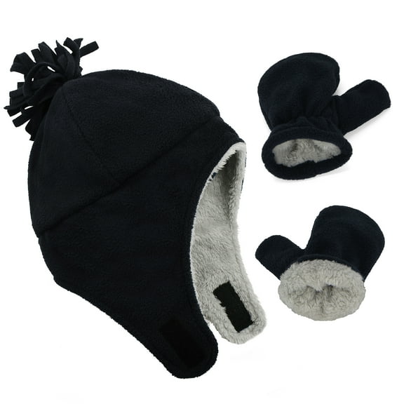 American Trends Baby Toddler Winter Hat and Glove Set Sherpa Lined Warm Fleece Earflap Beanie Hat Toddler Kids Winter Hat for Boys Girls Solid Black 2-12 Months