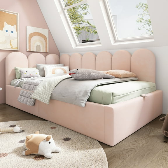 Upholstered Daybed with Hydraulic Storage, Twin Size Ottoman Sofa Bed with Metal Slatted Frame - Velvet Upholstered Storage Bed Frame for Small Spaces, Pink